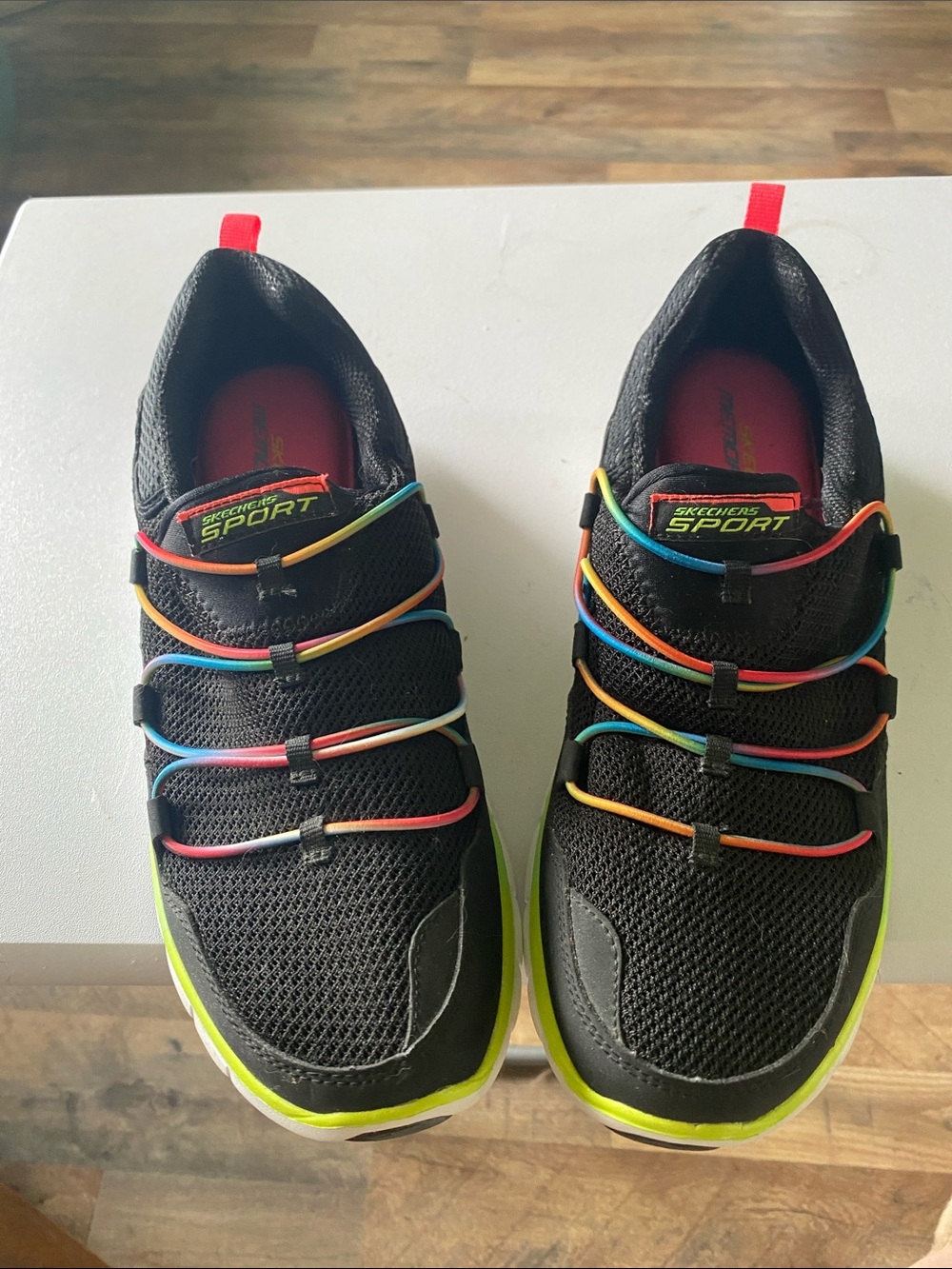 Skechers Black Mesh Sneakers with Rainbow Elastic Laces and Neon Trim